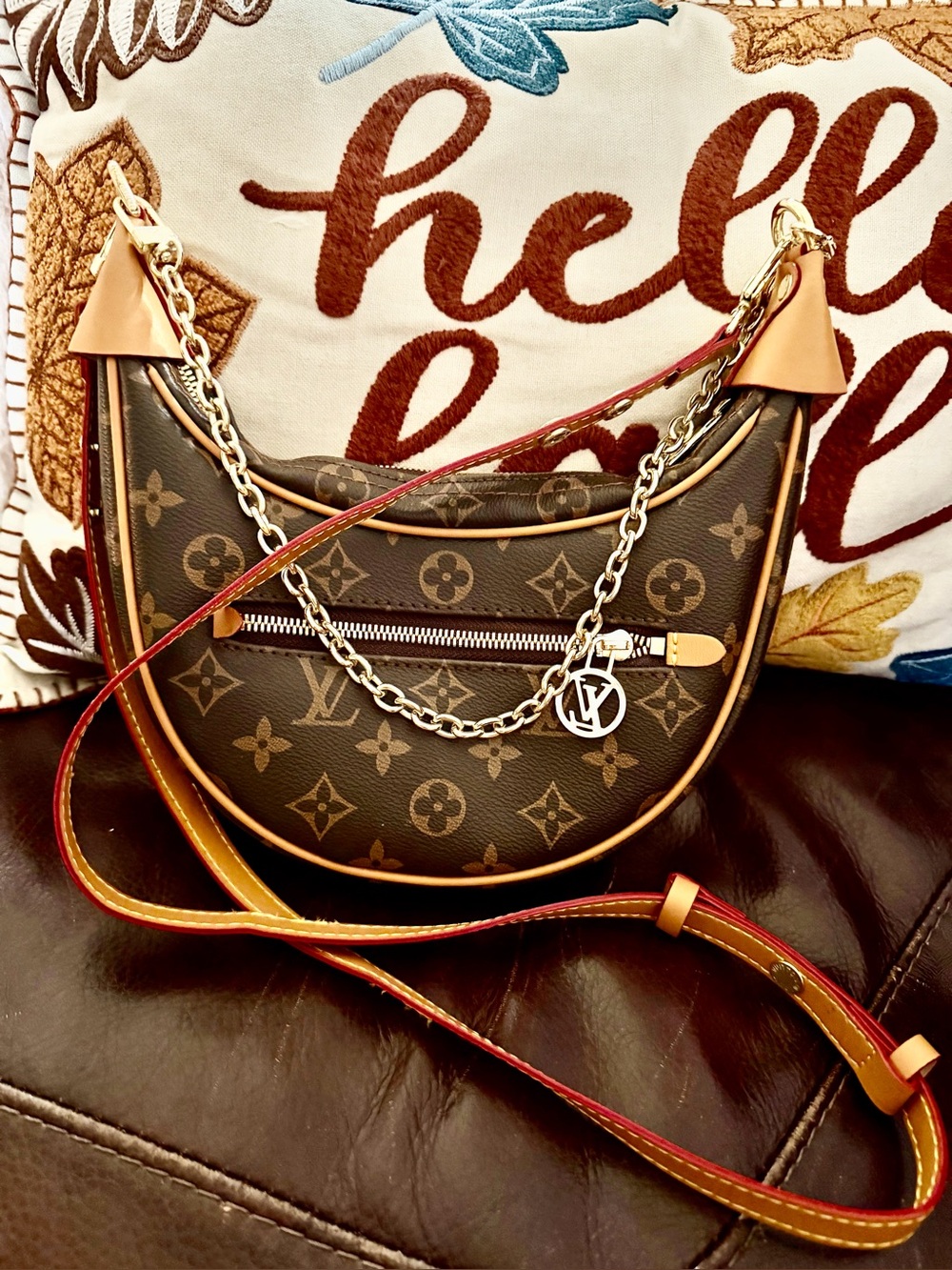 Brown Patterned Shoulder Bag with Gold Chain